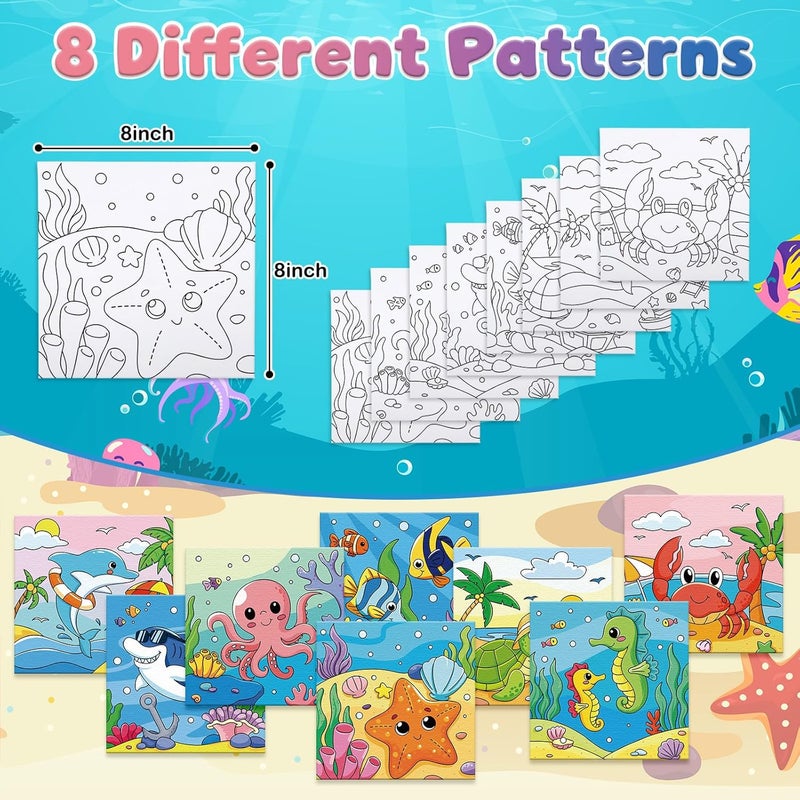 Anseal 8 Pack Pre Drawn Canvas for Painting, 8" X 8" Cute Animals Painting Canvas Bulk, Art Canvases for Painting for Kids Students School Home (Ocean) - Image 3